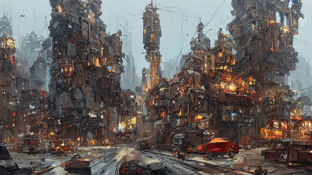 Prompt: A moving city on wheels, intricate, detailed, oil on canvas, concept art, by Ian McQue