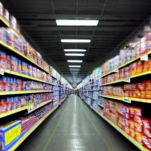 Image similar to a noisy photo of an infinite wallmart store,spooky,eerie,endless,scary,alone,scary atmosphere,dark