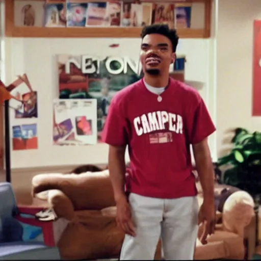 Prompt: a tv still of Chance The Rapper starring as a college student in a 1993 black sitcom