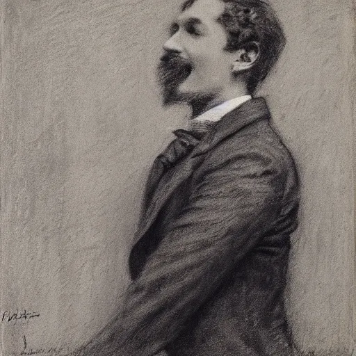 Image similar to portrait of an action hero, suit, tie, smile, by alfred stevens in charcoal