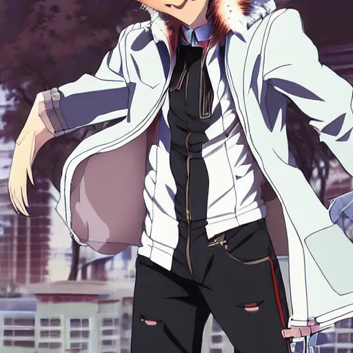 Image similar to key anime visual portrait of an anthropomorphic anthro wolf fursona, in a jacket, with handsome eyes, official modern anime art