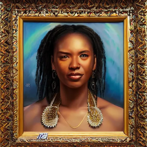 Image similar to portrait of a jamaican woman ( 3 5 ) from jamaica in 2 0 2 1, an oil painting by ross tran and thomas kincade