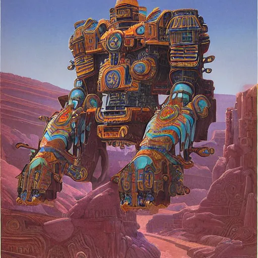 Image similar to elaborate mayan art deco mecha in mesa landscape by j. c. leyendecker, barlowe, makoto kobayashi, and beksinski