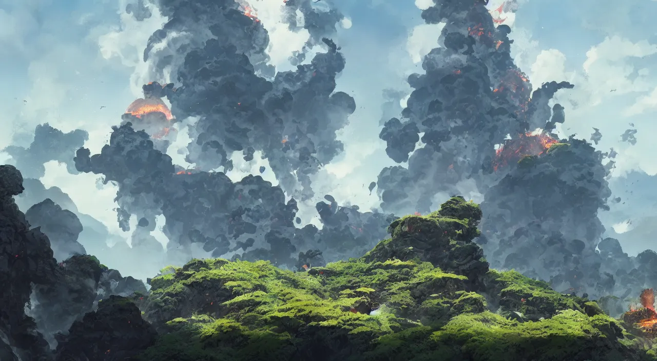 Prompt: volcanic biome, by studio ghibli and greg rutkowski,