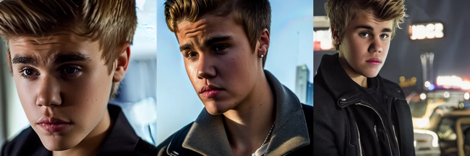 Prompt: close-up of Justin Bieber as a detective in a movie directed by Christopher Nolan, movie still frame, promotional image, imax 70 mm footage