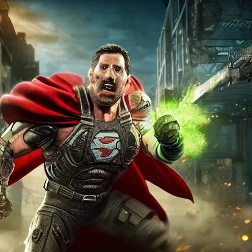 Image similar to pickle rick as superman! in gears of war, splash art, movie still, detailed face, photorealistic facial features, cinematic lighting, dramatic, octane render, long lens, shallow depth of field, bokeh, anamorphic lens flare, 8 k, hyper detailed, 3 5 mm film grain