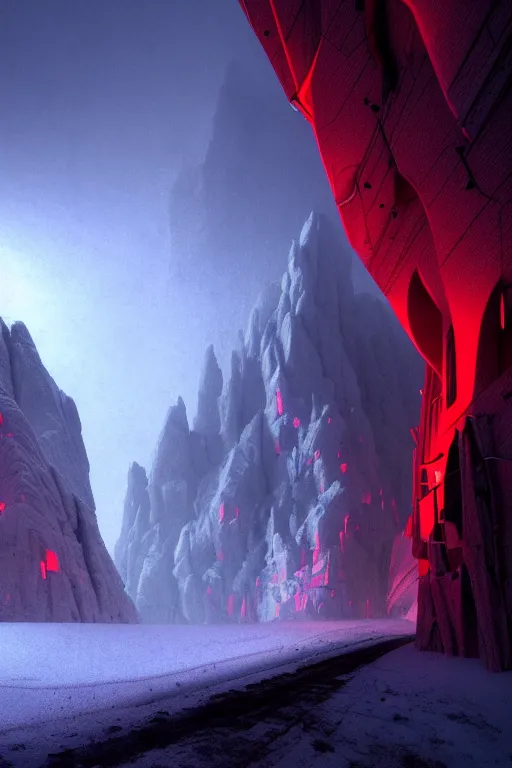 Image similar to futuristic atmosphere in the snowy mountains dolomites 3 d concept art, cinematic lighting, red neon laser, rule of thirds, depth of field, intricate details, building by zaha hadid, stormy snowing weather, emissary space by arthur haas and bruce pennington and john schoenherr, cinematic matte painting, dark moody colors, trending on artstation, featured on behance