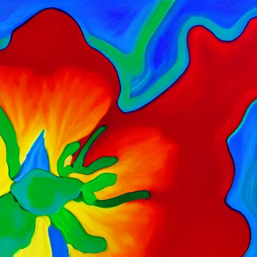 Image similar to an abstract painting of a red and blue flower by peter max, featured on deviantart, metaphysical painting, psychedelic, fractalism, vivid colors