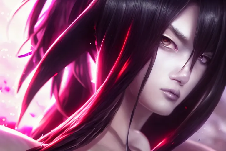 Image similar to extremely beautiful aesthetic girl with ego weapons, black long hair, occlusion shadow, specular reflection, rim light, unreal engine, octane render, artgerm, artstation, art by hiroaki samura and jiro matsumoto and yusuke murata, high quality, highly detailed 8 k, fantasy illustration, beautiful shape of face and body, epic scene