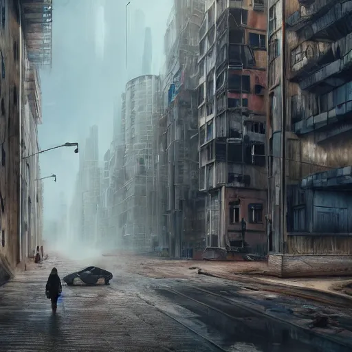 Prompt: hyperrealistic matte painting of a desolate city street, lone travelers walking under massive buildings, intricate detail, long street, glass buildings, vr, cables, graffiti, cyberpunk signs, distortions, piping, 8 k resolution, technological, endless street, by hugh ferris, cyberpunk style, concept art, trending on artstation