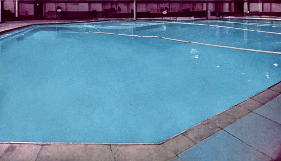 Image similar to 1 9 6 0 s movie still of empty blue tiles swimmingpool, low quality, liminal space style