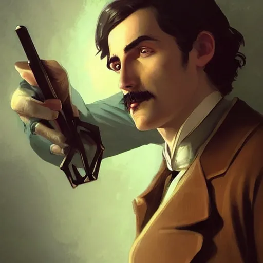 Image similar to a victorian doctor with a gun, young man, vampire, dark brown duster, short brown hair, brooding, character art, full body art, Dungeons and Dragons, D&D, trending on artstation, artgerm, 4k ultra hd, sharp focus, digital art by Ilya Kuvshinov and Ross Tran,