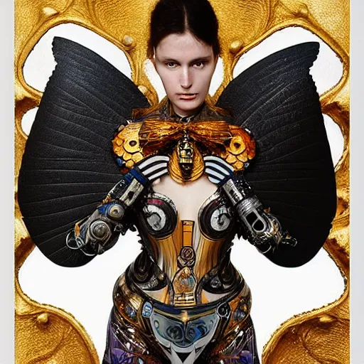 Image similar to haute couture scale armour sf paladin editorial by klimt, biomechanical hornet with metal couture wings by malczewski, ornate wh 4 0 k chaos lord in gold, bismuth and obsidian by giger, on bloody cosmic battleground by alphonse mucha