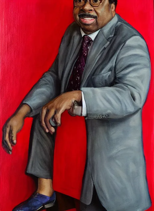 Image similar to ( ( ( portrait of leslie david baker as stanley hudson of the office television series ) ) ) a painting by igor kazarin, head to waist, light coming from the right side, red background,