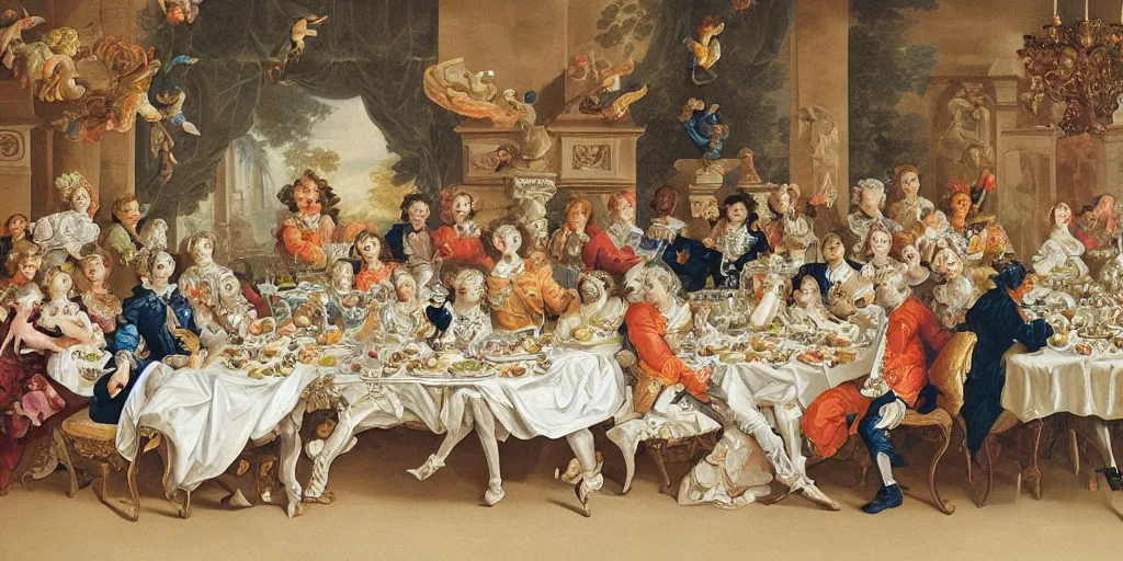 Image similar to rococo style drawing of designer get together to feast on a big table with lots of food and computers