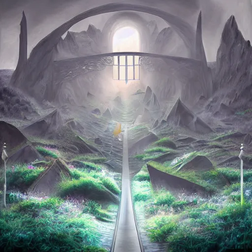 Prompt: surreal painting of a dimensional gateway leading into a 3d rendered surreal landscape environment by ferjo