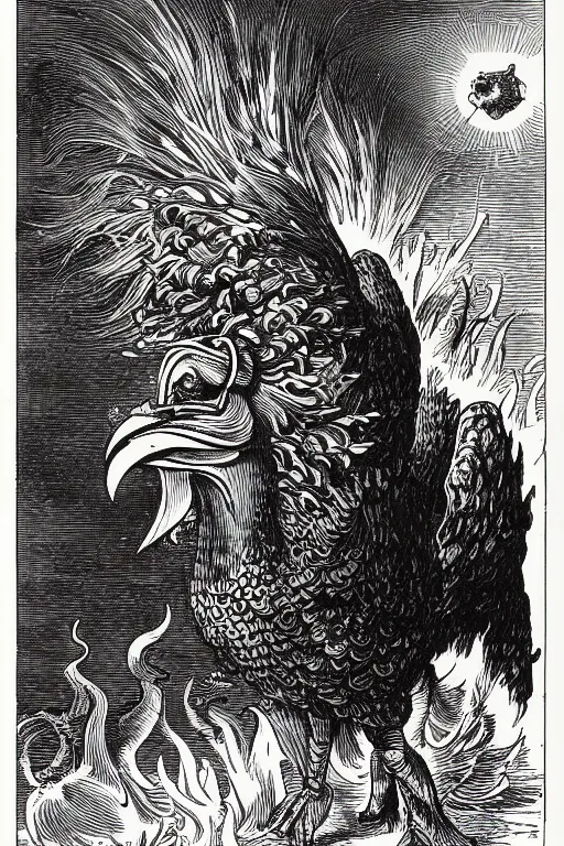 Prompt: 19th century wood-engraving of a confident muscular rooster headed man surrounded by flames, whole page illustration from Jules Verne book titled Stardust Crusaders, art by Édouard Riou Jules Férat and Henri de Montaut, high quality, beautiful, highly detailed, removed watermarks