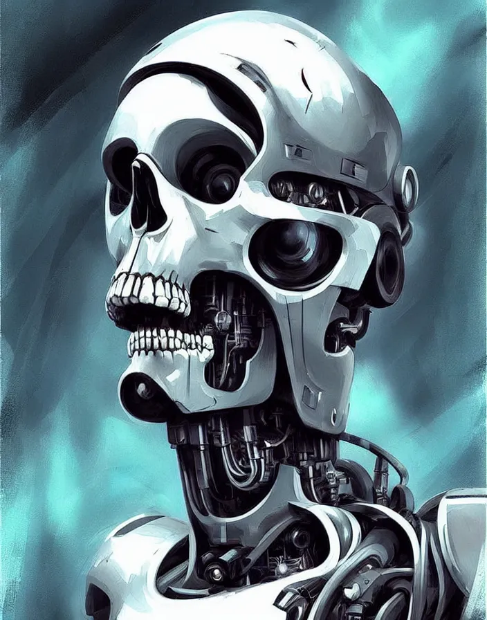 Image similar to skull - headed robot cyborg painting, illutstration, concept art, cyberpunk, futurism, comics art, artgerm, full body shot, wide angle