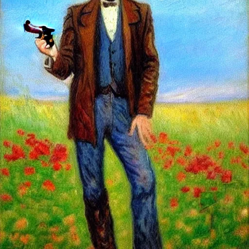 Image similar to an impressionist painting of a tall man with blue eyes and brown hair that is wearing a wide brim leather hat and a leather vest. He is holding a revolver in his left hand and a ((((red rose is in his right hand))))!!!!!!!!!!!, He is standing in a field of roses, Blue sky in the background, trending on artstation