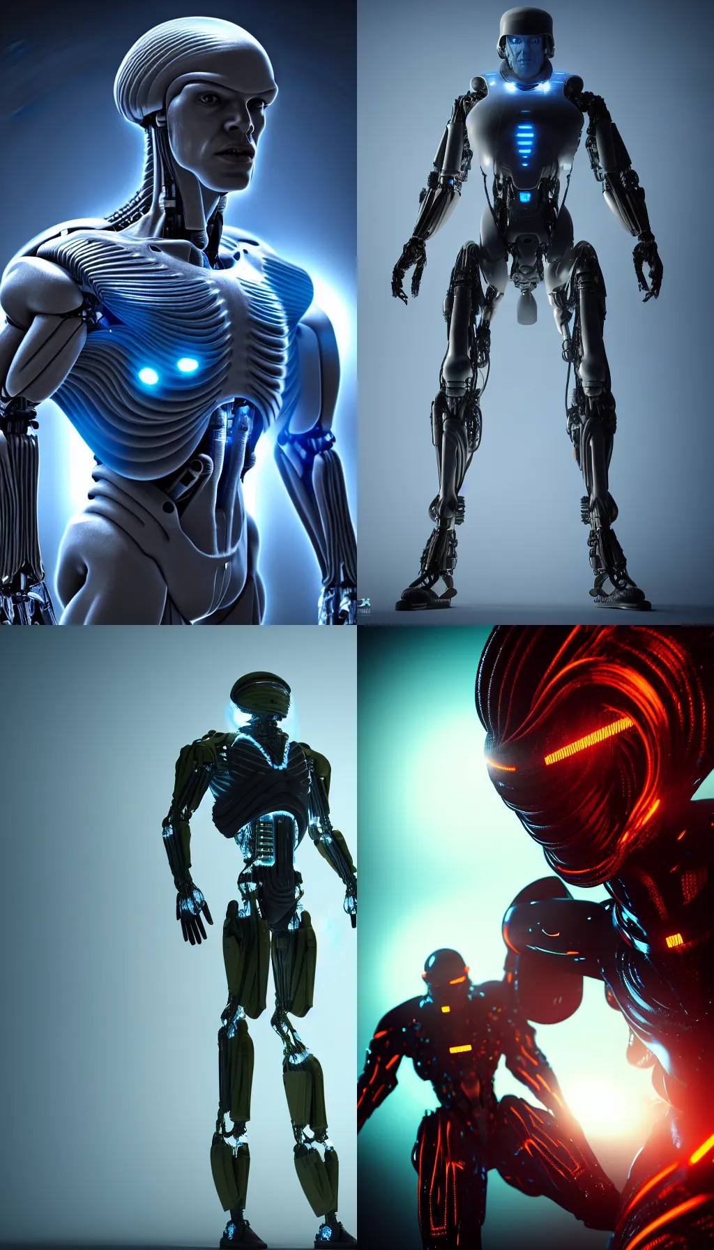 Image similar to tall muscular alien cyborg with huge head in fiber optic exo suit, 8k, octane render