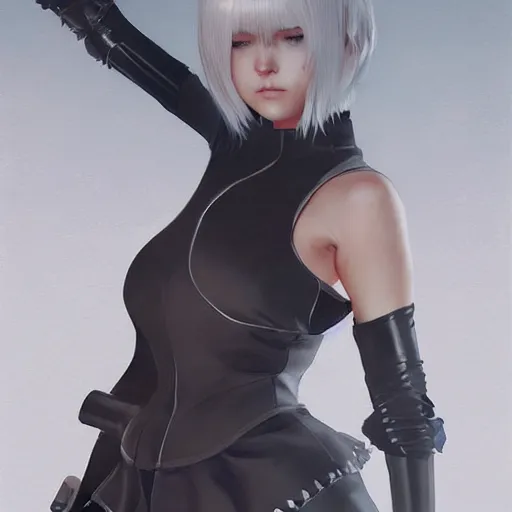 Image similar to 2B nier automata, anatomy, detailed, digital painting, artstation, concept art, Unreal Engine 5 render, 8K, art by art by artgerm and greg rutkowski and edgar maxence