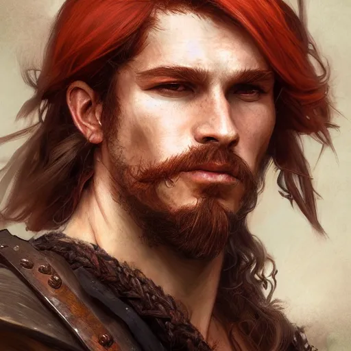 Image similar to portrait of a young rugged pirate, male, masculine, upper body, red hair, long hair, soft hair, D&D, fantasy, intricate, elegant, highly detailed, digital painting, artstation, concept art, matte, sharp focus, illustration, art by Artgerm and Greg Rutkowski and Alphonse Mucha