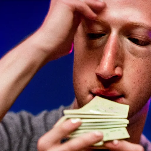 Prompt: a closeup photorealistic photograph of mark zuckerberg eating money. film still, vibrant colors. this 4 k hd image is trending on artstation, featured on behance, well - rendered, extra crisp, features intricate detail, epic composition and the style of unreal engine.