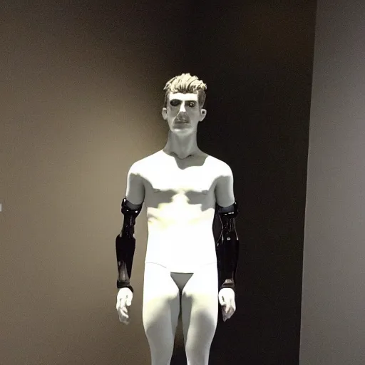 Image similar to “ a realistic detailed photo of a guy who is an attractive humanoid who is half robot and half humanoid, who is a male android, soccer player antoine griezmann, shiny skin, posing like a statue, blank stare, at the museum, on display ”