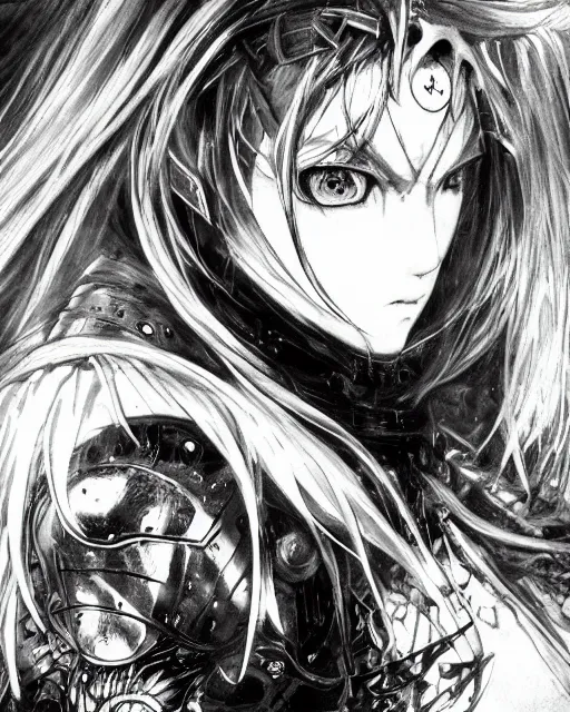 Image similar to Yoshitaka Amano realistic illustration of an anime girl with wavy white hair and cracks on her face wearing Elden ring armour with the cape fluttering in the wind, abstract black and white patterns on the background, noisy film grain effect, highly detailed, Renaissance oil painting, weird portrait angle