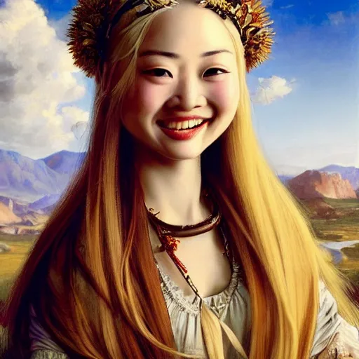 Image similar to a totally amazed smiling pretty asian girl with blonde hair, fully covering intricate detailed bohemian outfit, long loose blonde hair, precise linework, accurate brown eyes, small nose, beautiful smooth oval head, expressive emotions, hyper realistic ultrafine portrait by artemisia gentileschi, jessica rossier, greg rutkowski, artgerm