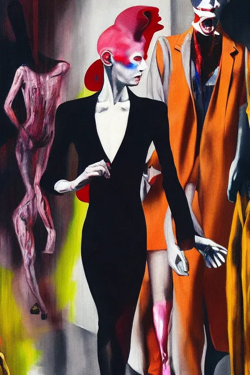 Image similar to crazy fashion catwalk, one model, crazy clothes, hauntingly surreal, highly detailed painting by francis bacon, edward hopper, adrian ghenie, gerhard richter, and james jean soft light 4 k,