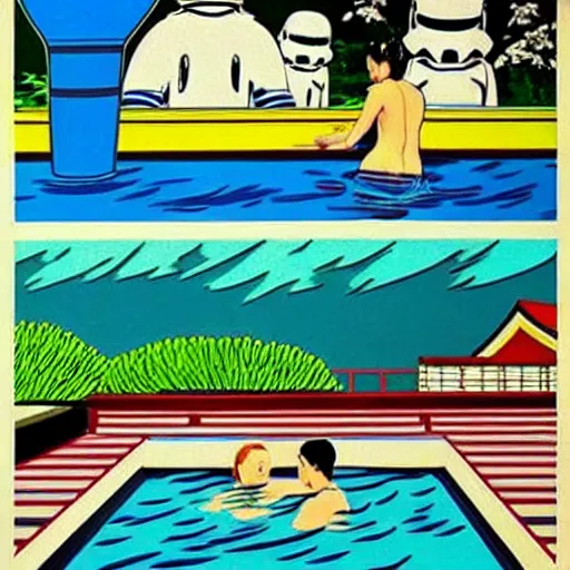 Prompt: hyperrealism composition of the japanese house with a hot springs in the garden, two detailed stormtroopers bathe in a hot spring, pop - art style, jacky tsai style, andy warhol style, roy lichtenstein style, round canvas, acrylic on canvas