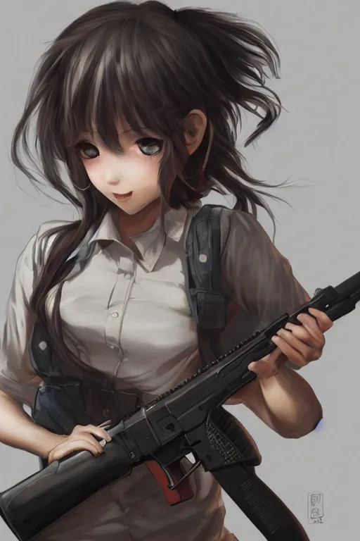 Prompt: illustration of a girl smiling holding a gun, drawn by mai yoneyama and mitsume takahashi, detailed, dynamic lighting, trending on pixiv, digital art, anime art, detailed face, high saturation,