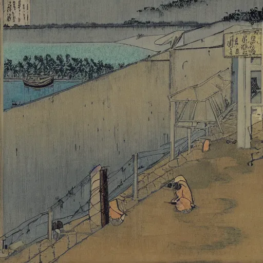 Prompt: a chinese prison near a river by peter doig : : 1 0 and ukiyo - e : : 1, muted colors