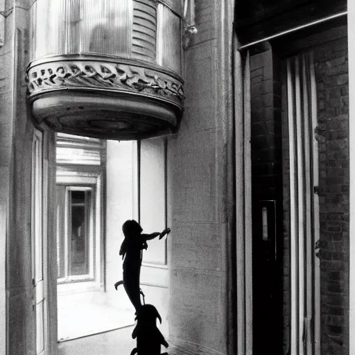 Image similar to Ripley and cat Jonesy moving apartment New York City 1983, gothic building entrance way art Deco H.R. Giger, cinematic feel, high octane