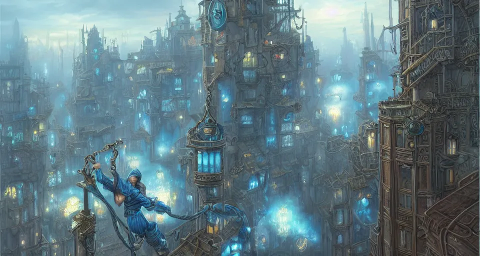Prompt: landscape painting of fantasy metal steampunk city that has a light blue glow with walkways and lit windows with a hooded thief in leathers climbing a building using a rope, fine details, magali villeneuve, artgerm, rutkowski