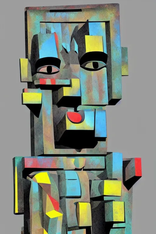 Image similar to cubist moai statue cutout digital illustration cartoon colorful beeple