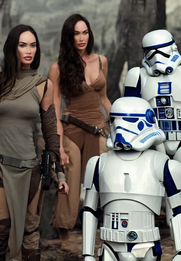 Prompt: Still of Megan Fox, with R2-D2, being briefed on the clone wars by a brunette clone trooper. beautiful composition, Star Wars Universe, Cinematic Lighting, beautiful face, beautiful eyes, 8K resolution