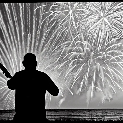 Prompt: Florida man aiming a shotgun at a hurricane, the word Murica in fireworks across the sky, photo, realistic, film grain, back and white