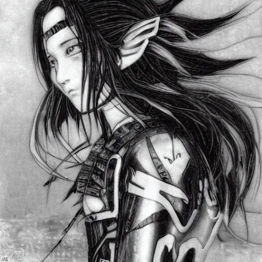 Image similar to yoshitaka amano realistic three quarter angle illustration of an anime girl with black eyes, wavy white hair fluttering in the wind and cracks on her face wearing elden ring armour with engraving, abstract black and white patterns on the background, noisy film grain effect, highly detailed, renaissance oil painting, weird portrait angle, blurred and dreamy old photo