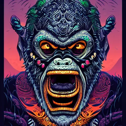 Image similar to barong family member, wiwek, mara demon, one single tribe member, jungle, one single mask, dark, ancient warrior, gorilla, lizard, tribal, inner glow, art by dan mumford and justin gerard