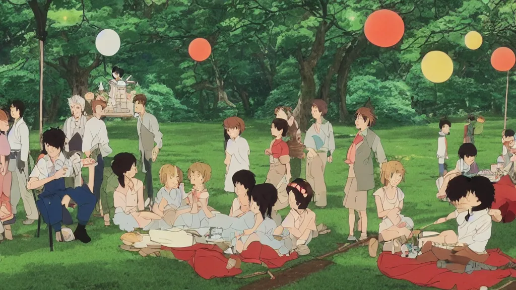 Prompt: a birthday party in a park in new york, cinematic scene, studio ghibli