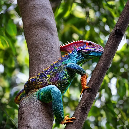 Prompt: most colourful and giant lizard climbing a black tree