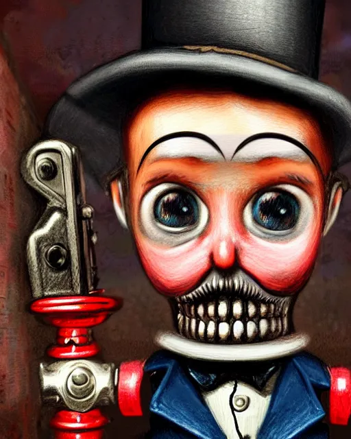 Prompt: highly detailed closeup, portrait of a tin toy jack the ripper in tin toy victorian london streets, hyper realistic, artstation, illustration, nicoletta ceccoli, mark ryden, lostfish, dan decarlo, bob clampett, max fleischer, digital paint, matte paint, vivid colors, detailed and intricate environment