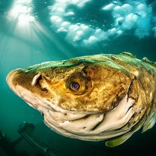 Image similar to incredibly detailed atlantic cod, wide angle shot, backlit, very realistic, underwater, beautiful photo, national geographical, underwater photography, gopro,