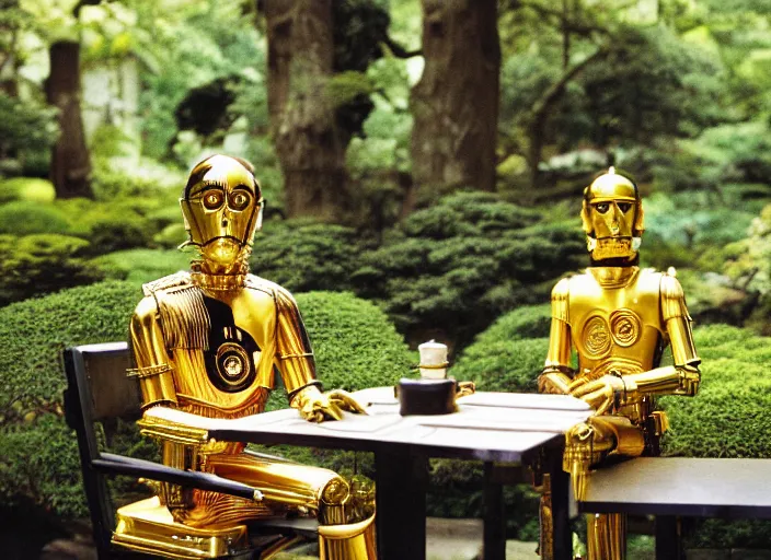 Prompt: C-3PO sitting at a bistro table in a lush japanese garden, still from star wars, shot on film, medium shot, depth of field, nature show, incredible detail, dramatic lighting