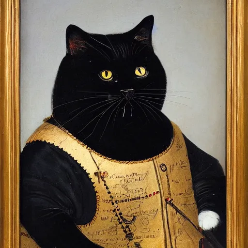 Prompt: portrait painting of a fat female black cat wearing a military outfit with medals by Rembrandt van Rijn