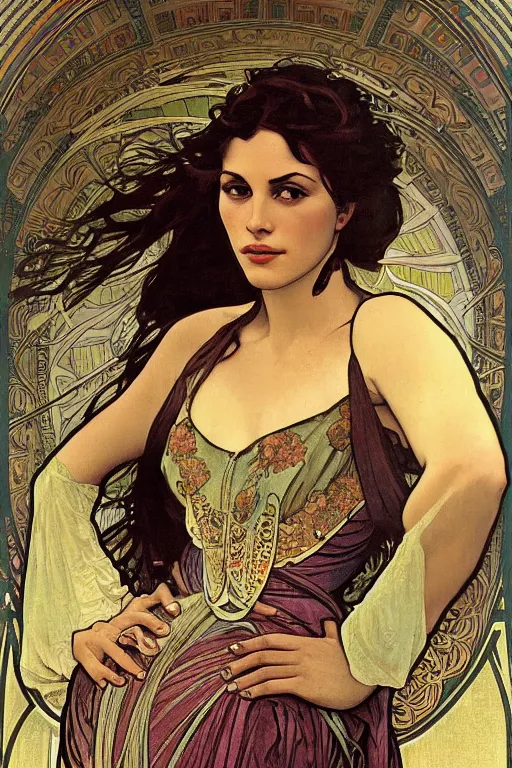 Image similar to portrait of monica belucci from the movie malena, artwork by alphonse mucha