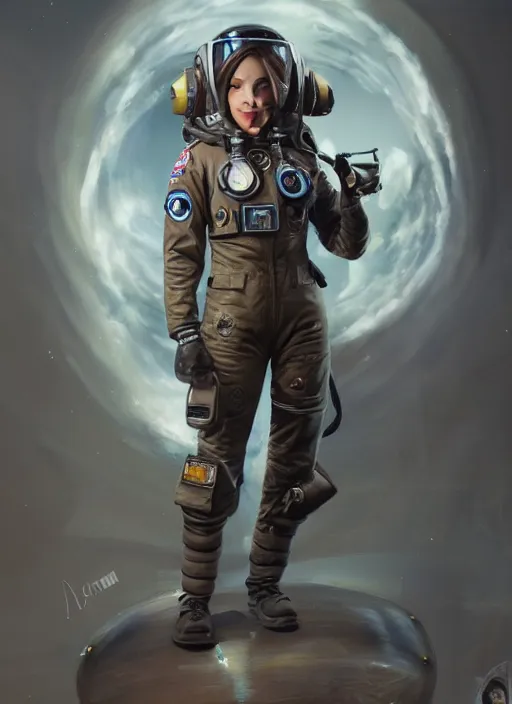 Image similar to full body concept art airbrushed painting of a female pilot, airbrushed painting, stunning, featured on artstation, cinematic lighting, hyperdetailed, cgsociety, 8k, dramatic, dark atmosphere, alluring