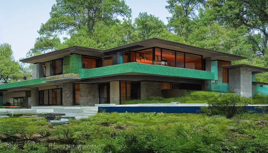 Image similar to modern villa, tibetan inspired architecture, on a green hill between trees, frank lloyd wright, photorealistic,